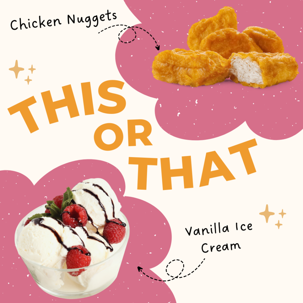 A scoop of creamy vanilla ice cream and golden crispy chicken nuggets.